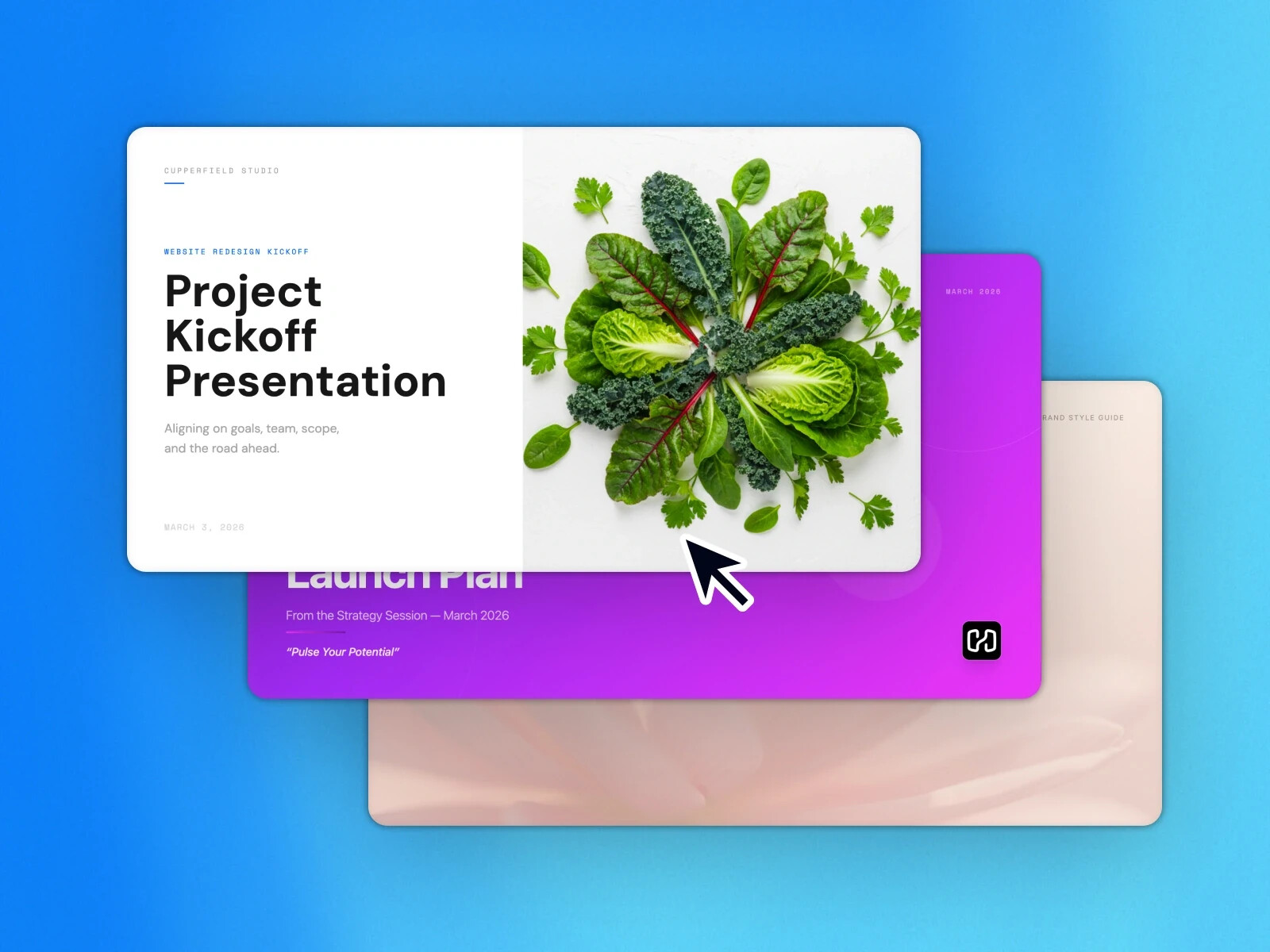 A project kickoff presentation generated in Supernormal with a colorful botanical cover