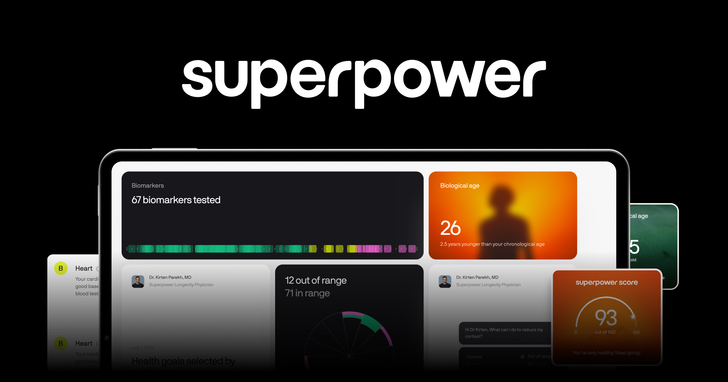 Superpower product dashboard showing biomarker ranges, biological age and a health score