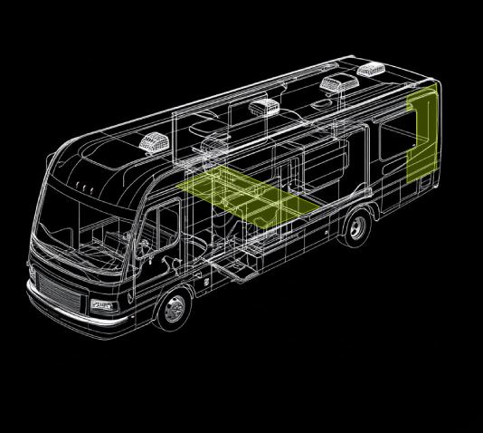 Technical wireframe rendering of a recreational vehicle with a highlighted floor panel
