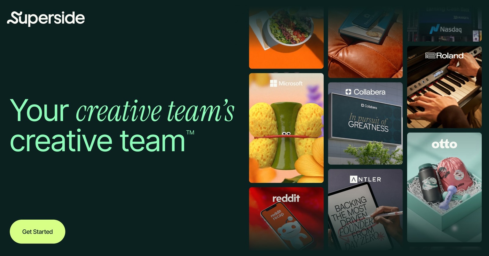 A collage of creative work by Superside for brands including Microsoft, Reddit, Roland, Otto and Antler