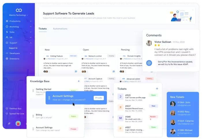 Historical Support.cc interface showing ticket columns and a knowledge base