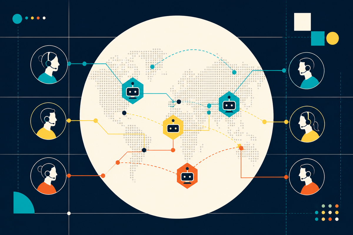 Abstract Swiss-style illustration of human support specialists and AI nodes connected around a globe