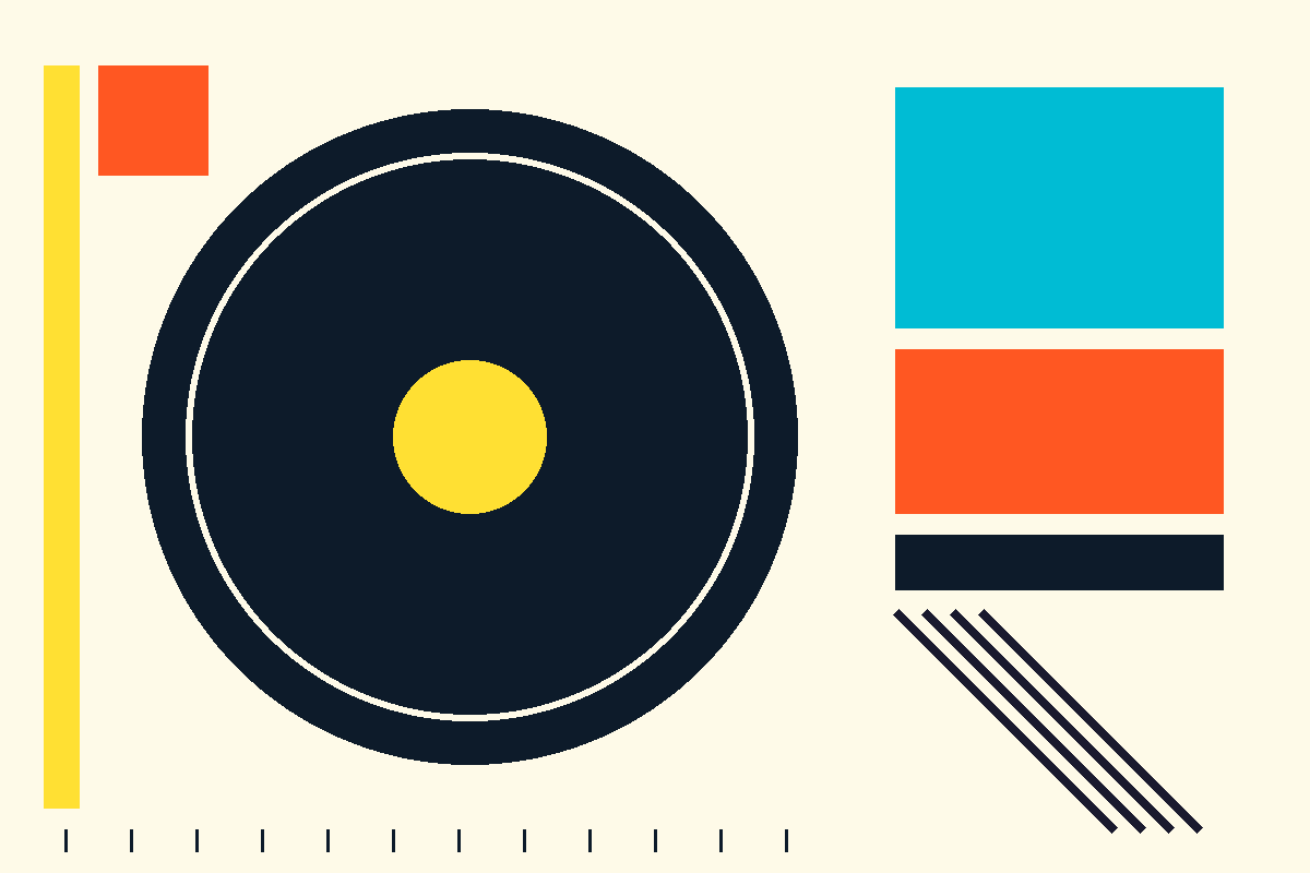 Swiss-style graphic of a plate, utensils and color blocks
