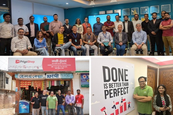 Collage of Suraj Kripalani’s Bangladesh meetings, a PriyoShop retailer visit and a wall reading Done is better than perfect