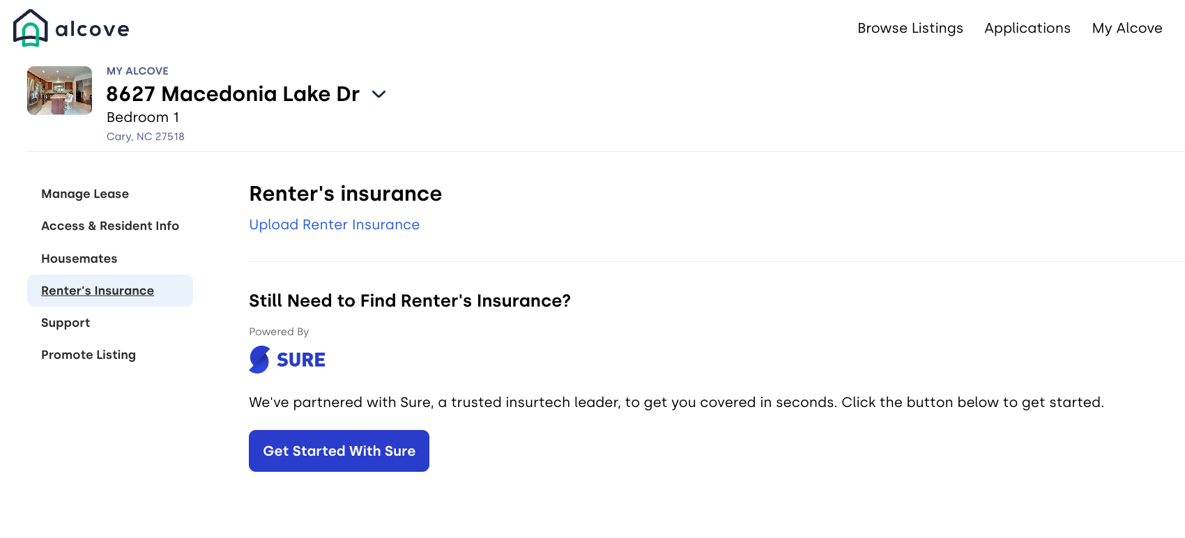 Alcove tenant portal with renters insurance and a Get Started With Sure button