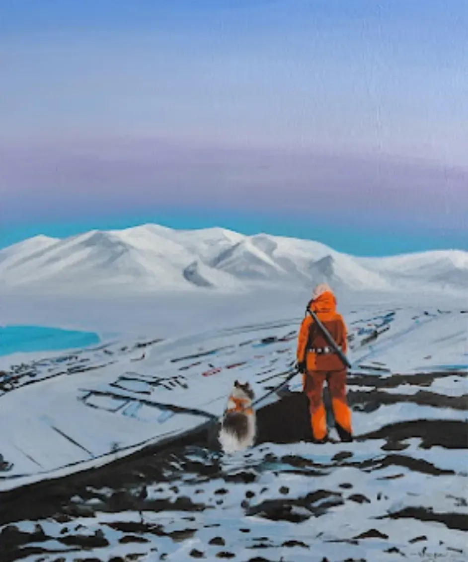 Companionship by Surga Thilakan: an orange-clad figure and a dog look across snowy mountains