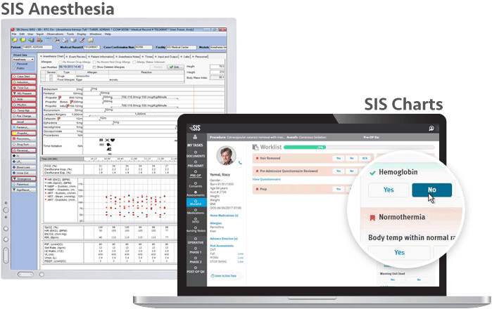 SIS software screens showing anesthesia documentation and surgical charting workflows