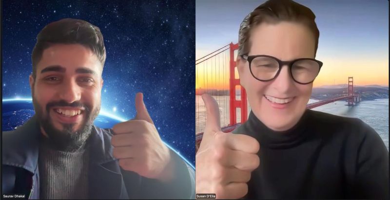 Saurav Dhakal and Susan D’Elia smiling and giving thumbs-up signs during a video call