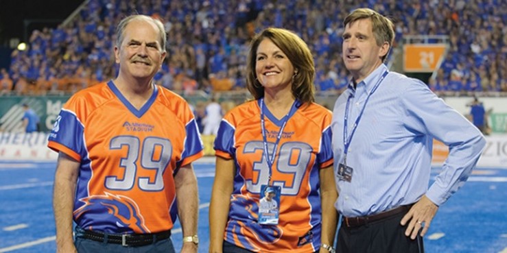 Susan Morris, Bob Butler and Mark Coyle at the 2014 Albertsons Stadium naming celebration.