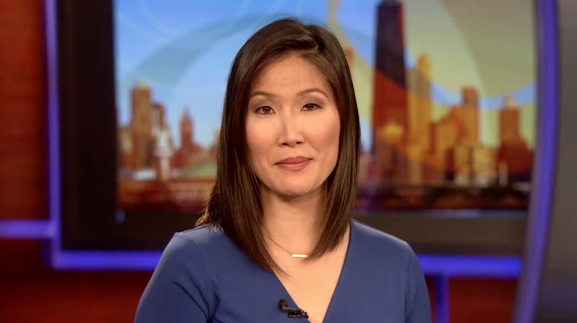 Susanna Song seated at the CBS Chicago news desk