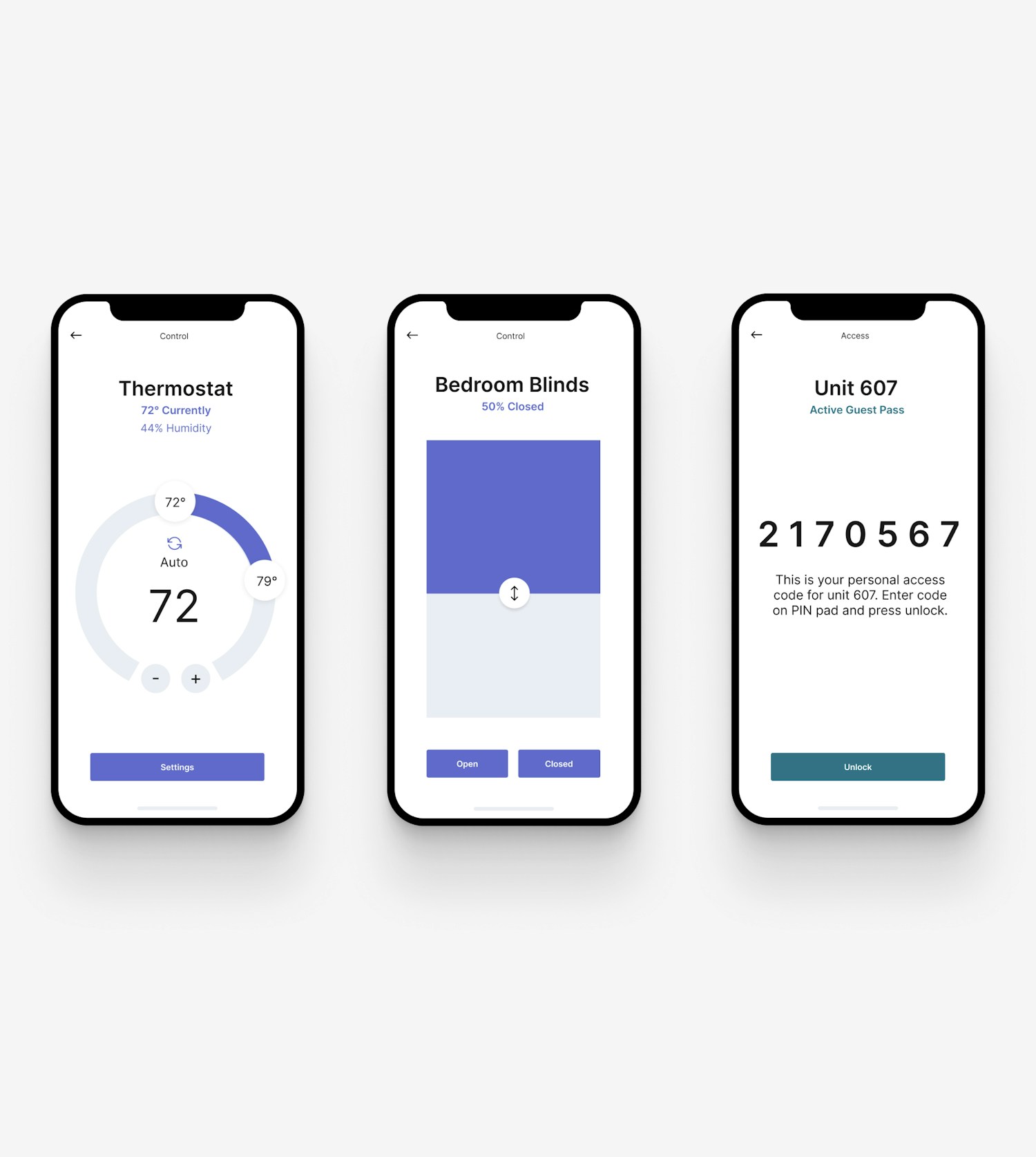 Three mobile screens for SLI Connect showing thermostat, blinds and apartment access controls