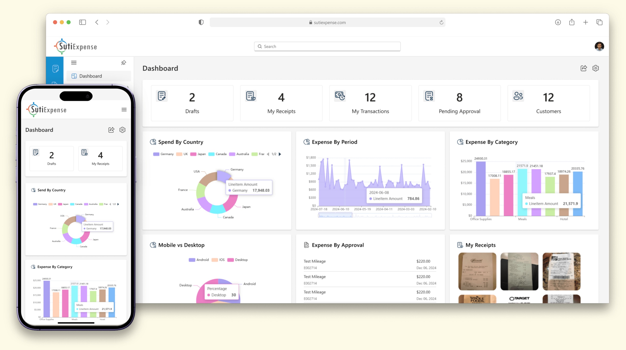 Official SutiExpense product image showing expense dashboards on desktop and mobile