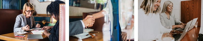 Collage of brokers meeting clients, shaking hands and working together