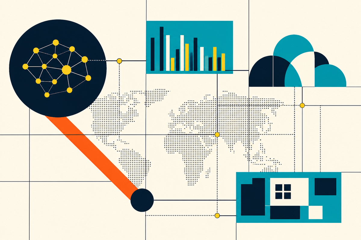 Abstract Swiss-style map connecting AI, data, cloud, and software systems