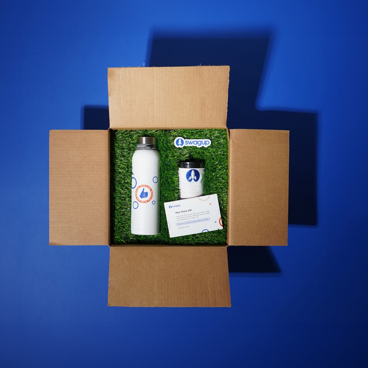 A branded SwagUp merchandise box presented on the company website