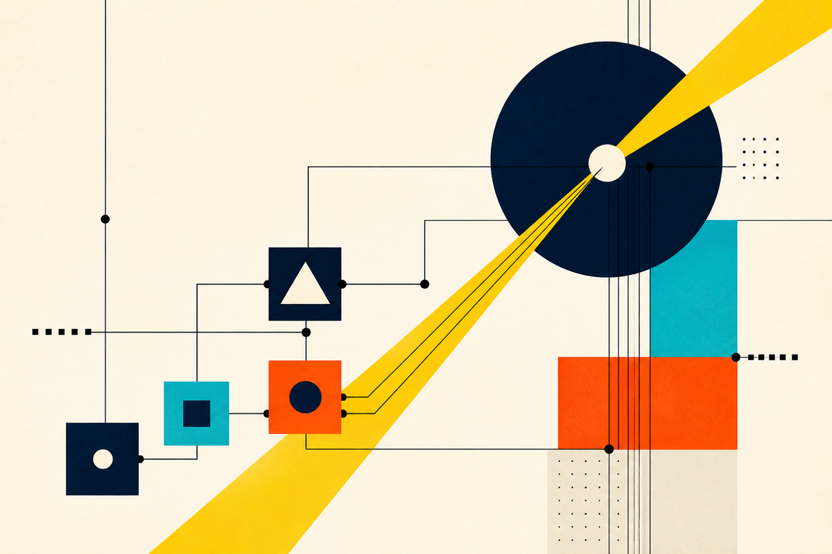 Abstract Swiss-style composition of geometric nodes and beams representing connected investment strategies
