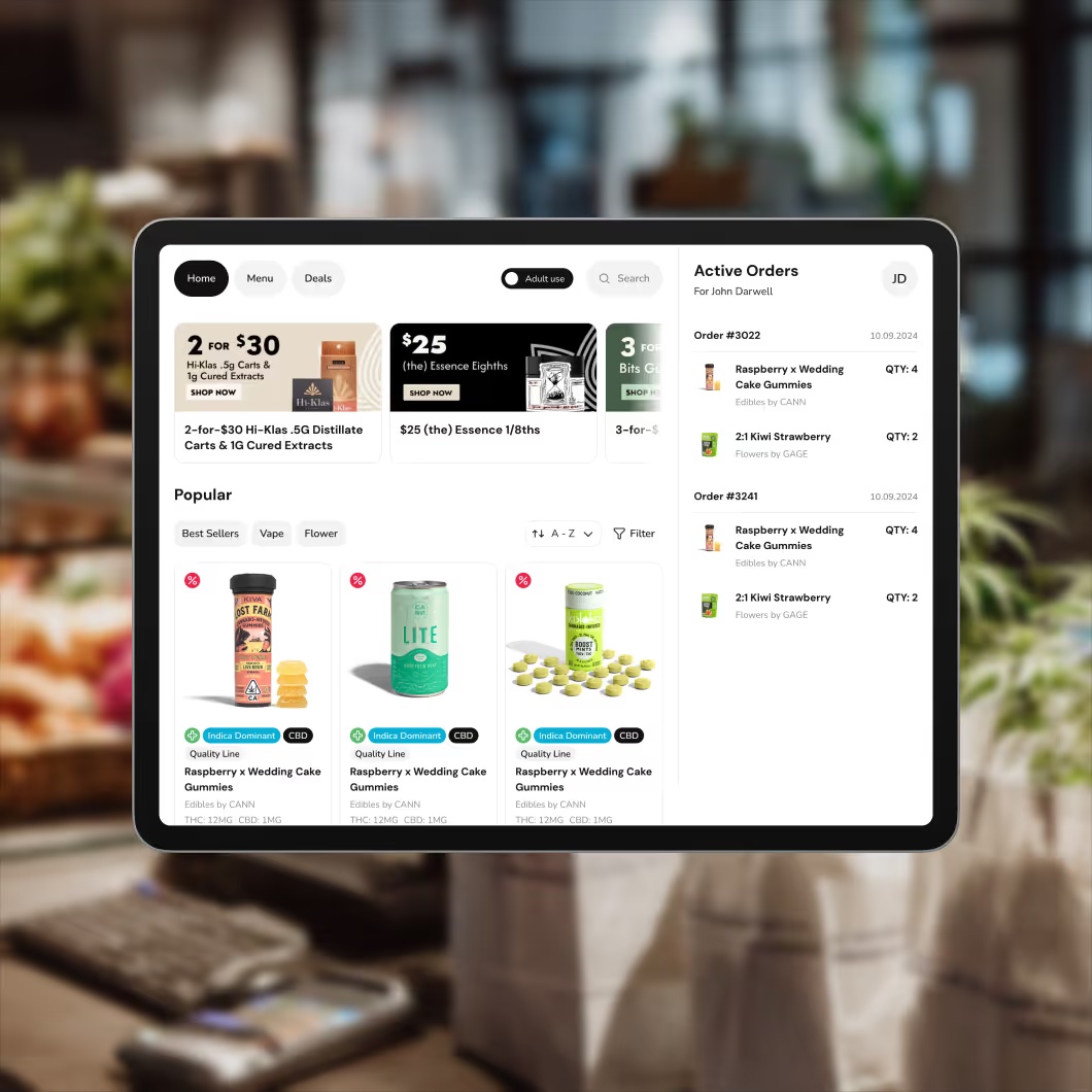 Sweed product illustration showing a customer-facing screen with promotions, products, and active orders
