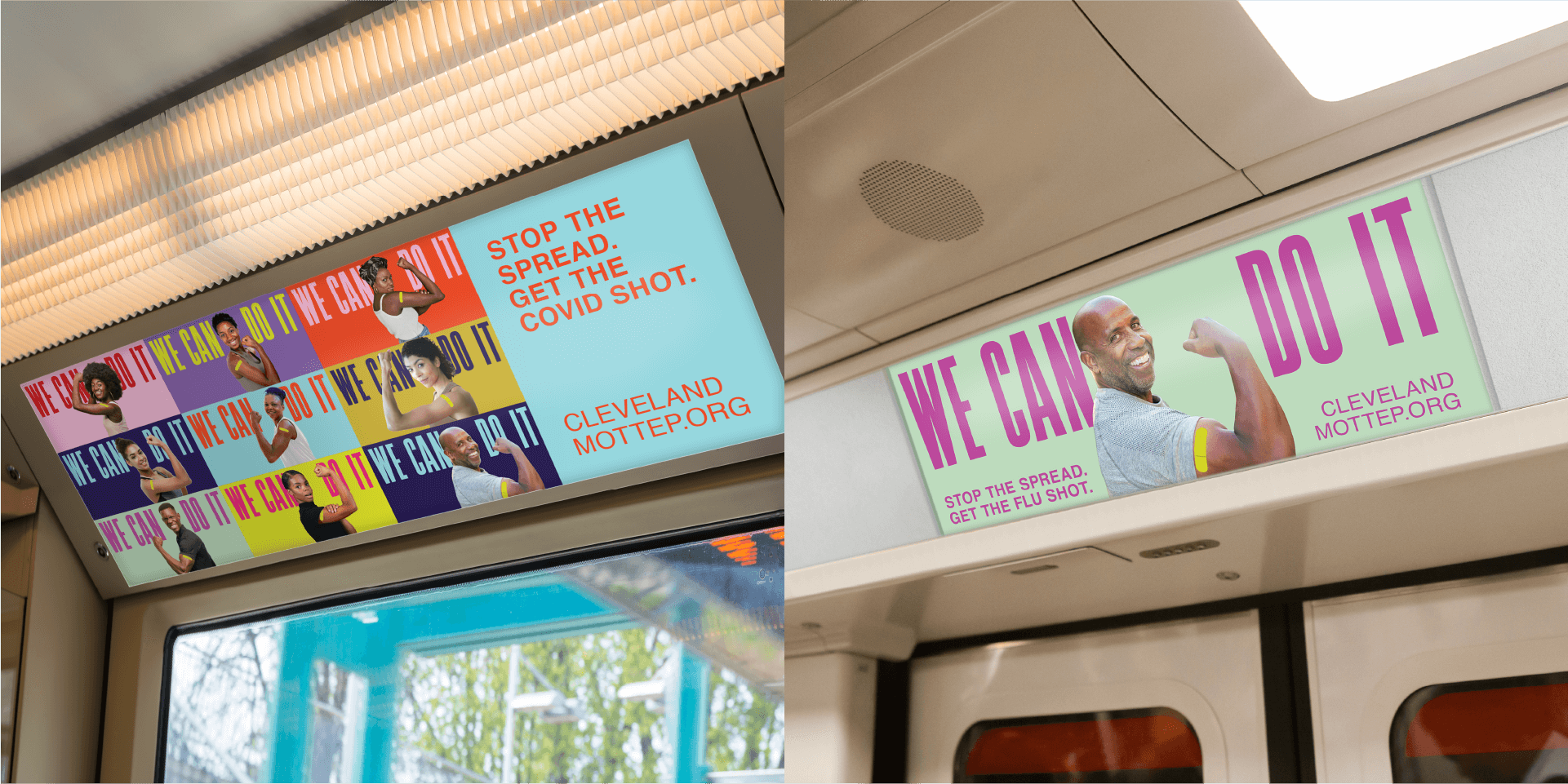 Cleveland MOTTEP flu and COVID vaccination advertisements inside a bus