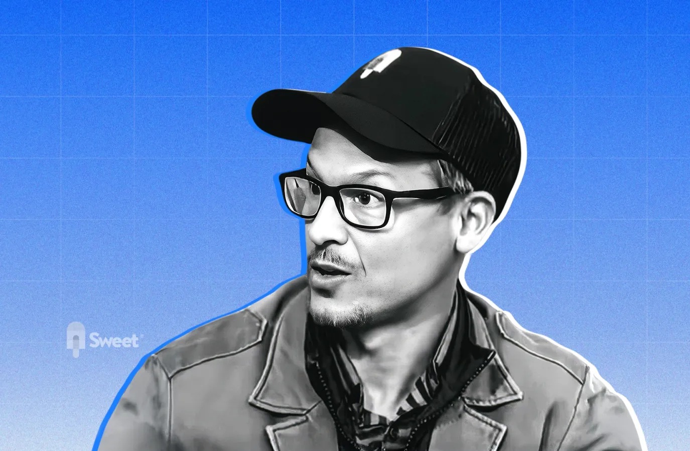 Portrait illustration of Sweet founder and CEO Tom Mizzone against a blue background