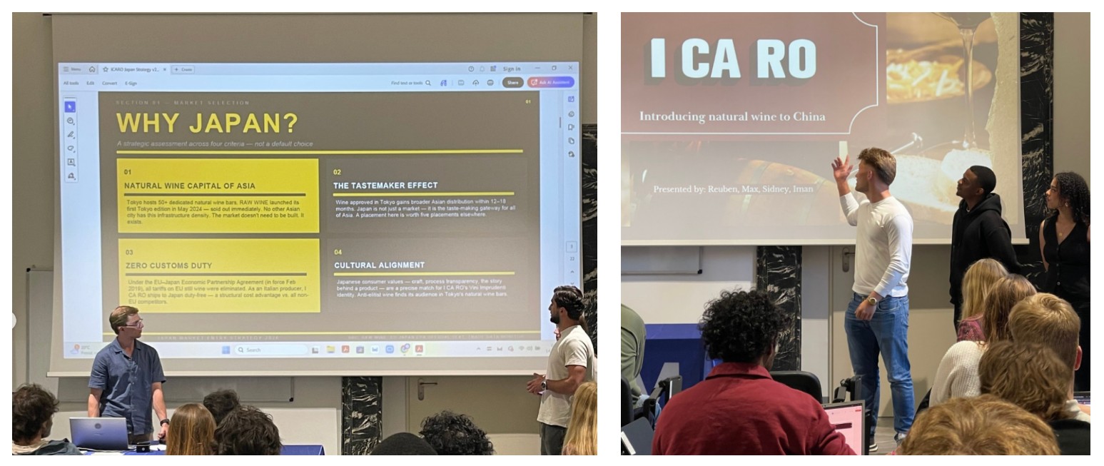 SSM students present Asian market-entry proposals for ICARO, with Japan and China on the classroom screens.