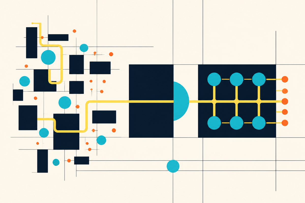 Abstract Swiss-style composition showing fragmented modules connected into an orderly system