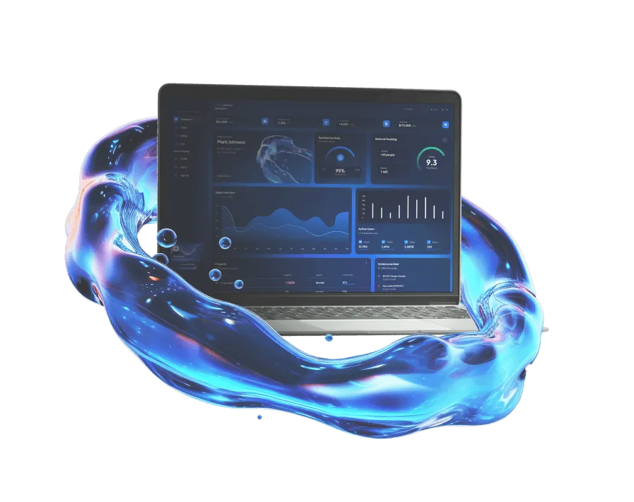 Syberry’s stylized water-project artwork showing a laptop surrounded by a blue liquid form