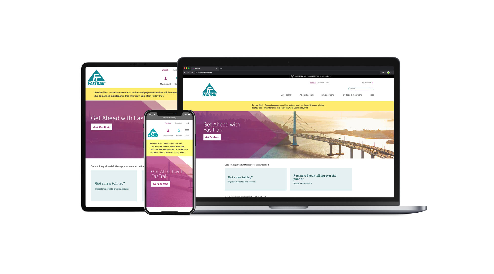 FasTrak website design displayed on a computer, tablet, and phone