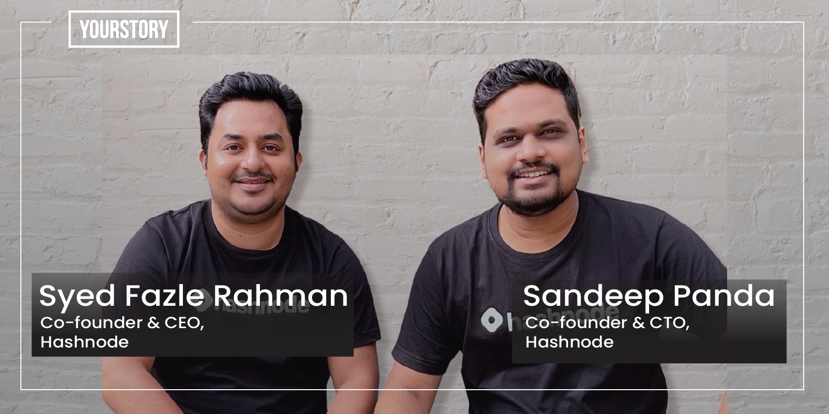 Syed Fazle Rahman, left, and Sandeep Panda wearing Hashnode shirts in a 2021 press photograph