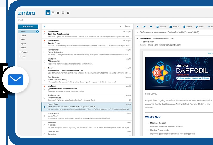 Zimbra email interface showing message folders, an inbox and a reading pane