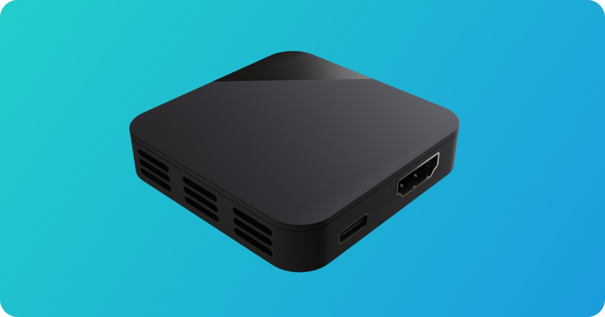 Black Senza Cloud Connector showing its HDMI port and ventilation slots