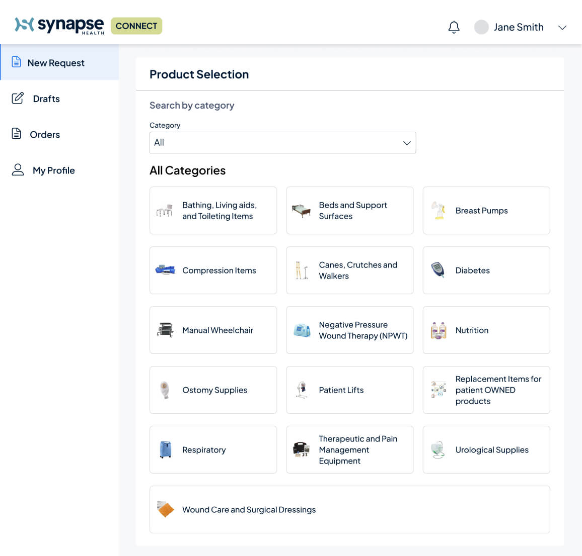 Synapse Connect product selection screen, with categories including wheelchairs, respiratory equipment and hospital beds