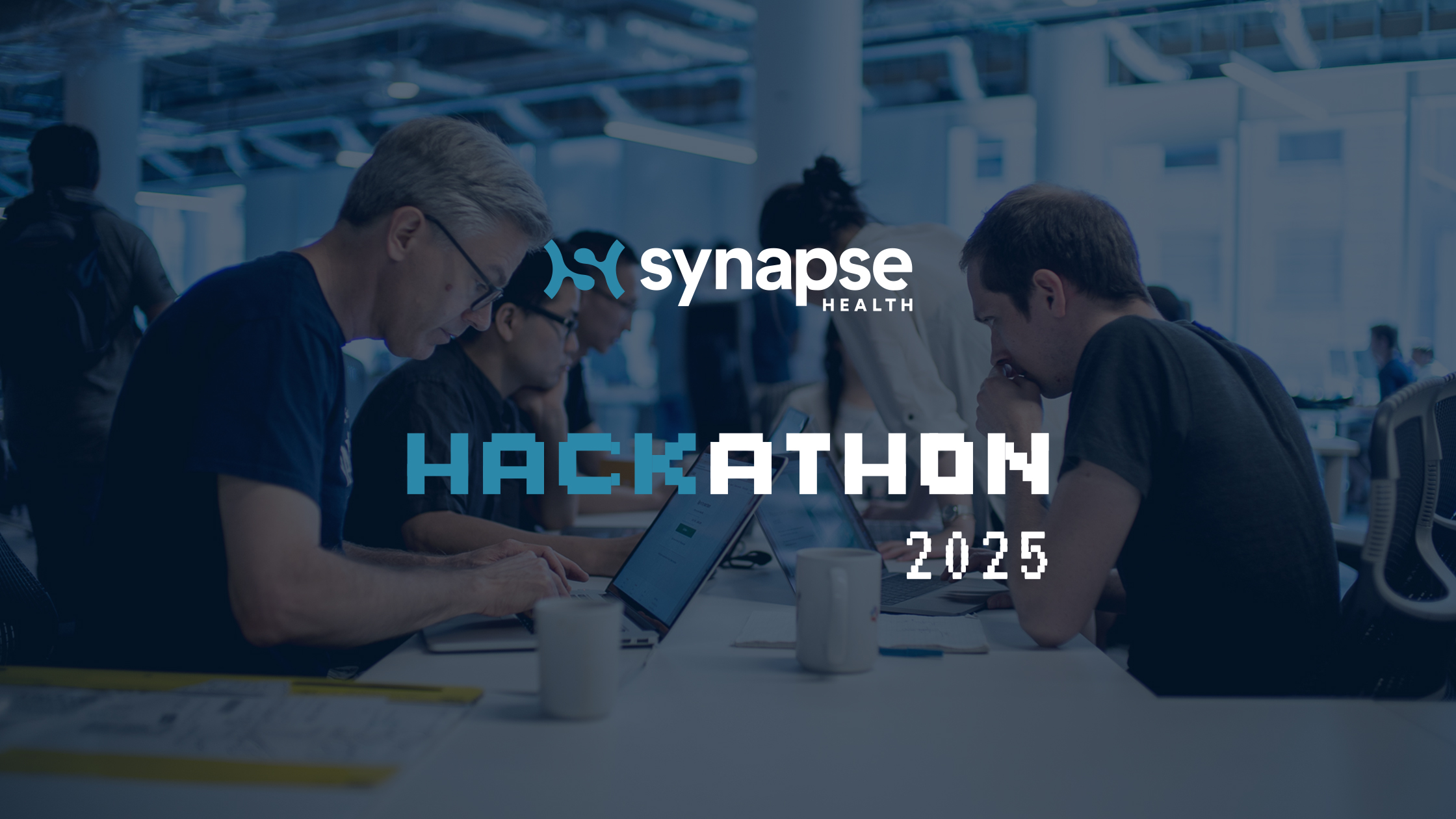 Company-published promotional artwork for Synapse Health’s 2025 hackathon, showing people gathered around laptops