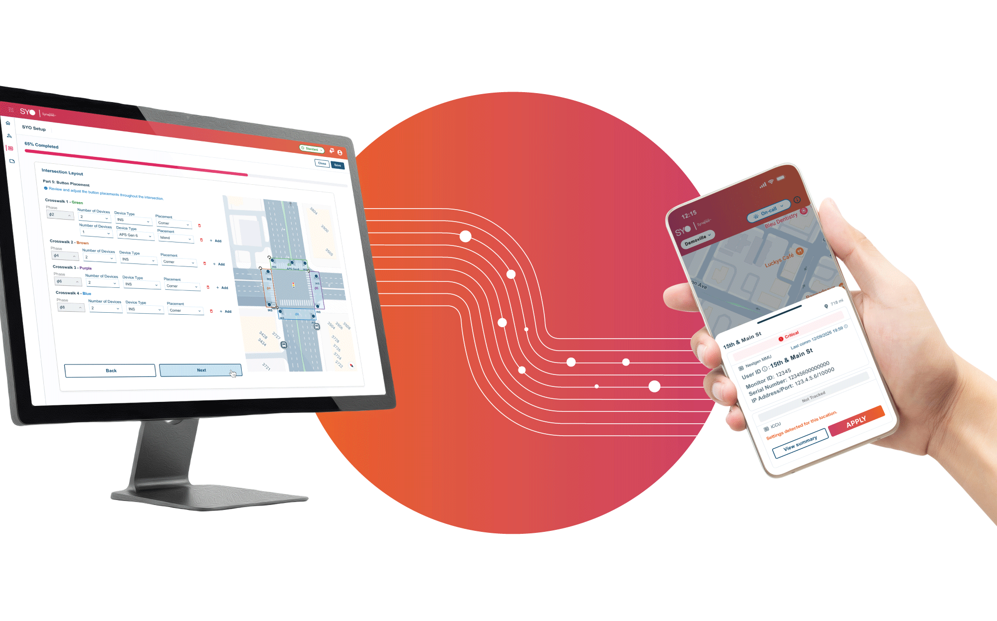 Synapse press graphic showing SYO software and Polara accessible pedestrian signal integration