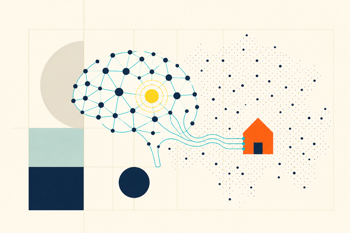 Abstract Swiss-style illustration of a neural network linked to a home and a nationwide field of points