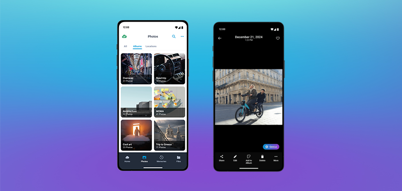 Official Synchronoss Personal Cloud screenshots showing photo albums and a photograph with editing controls