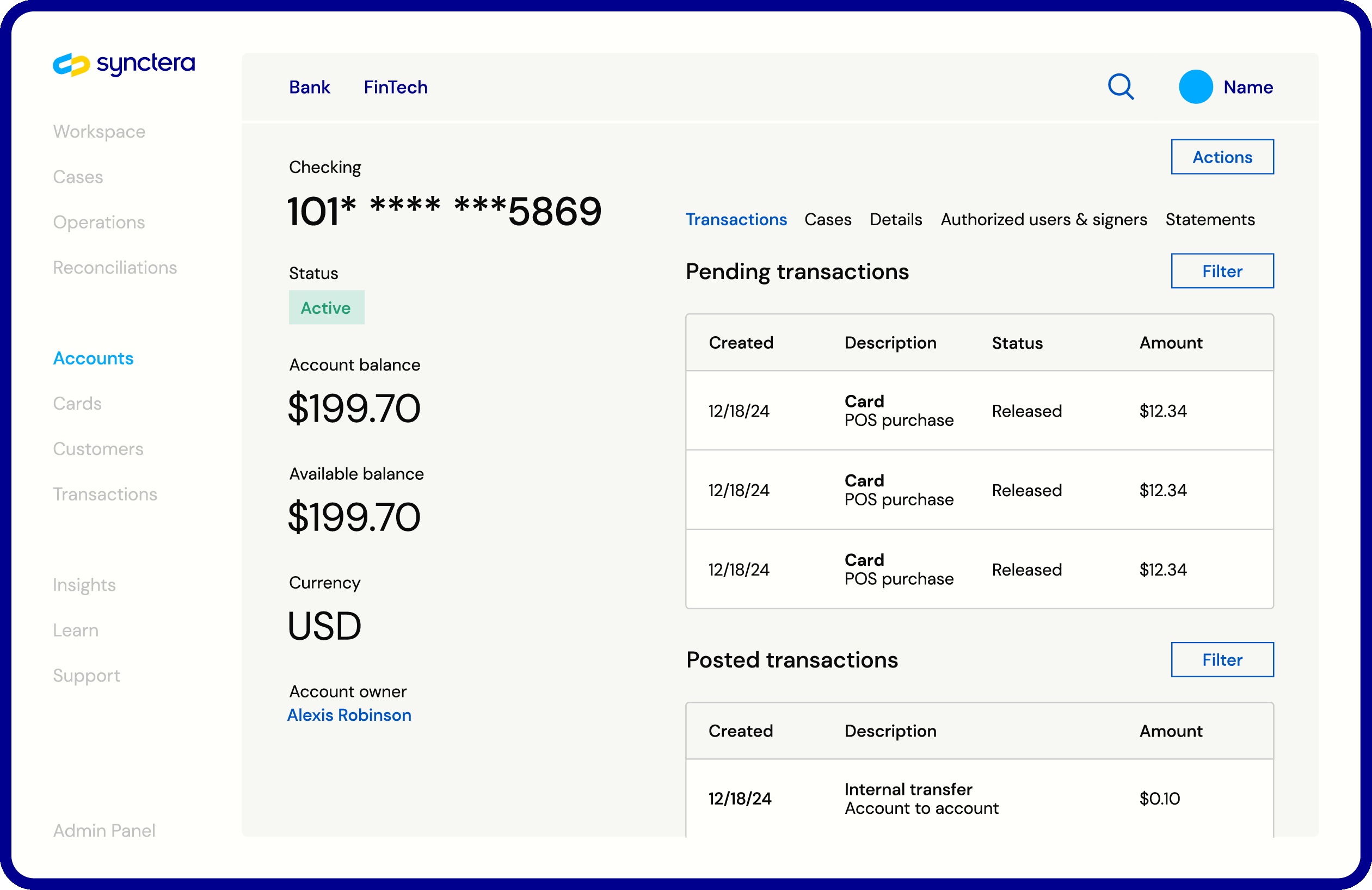 Synctera product mockup showing an account, balances, transactions, and debit card