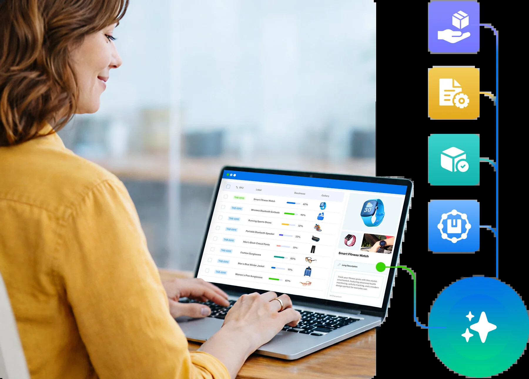 A person using a laptop with a product data interface and connected workflow icons