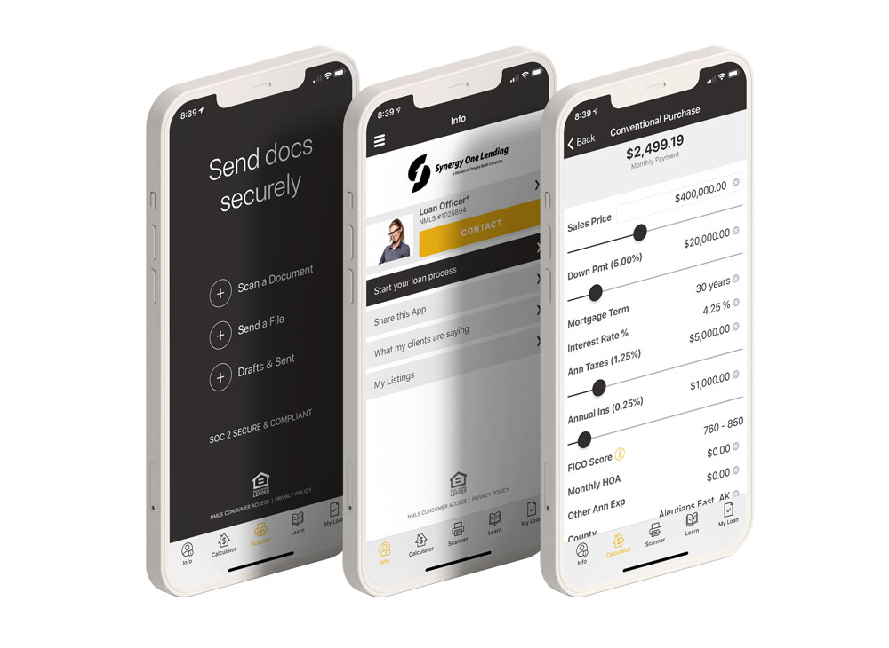 S1 Connect promotional mockup showing document upload, a loan officer contact screen and a payment calculator