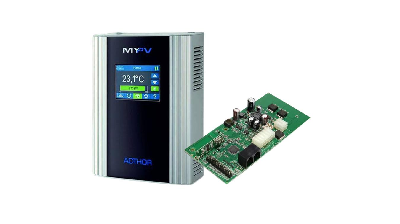 Company-published image showing a my-PV AC•THOR controller beside an electronic circuit board