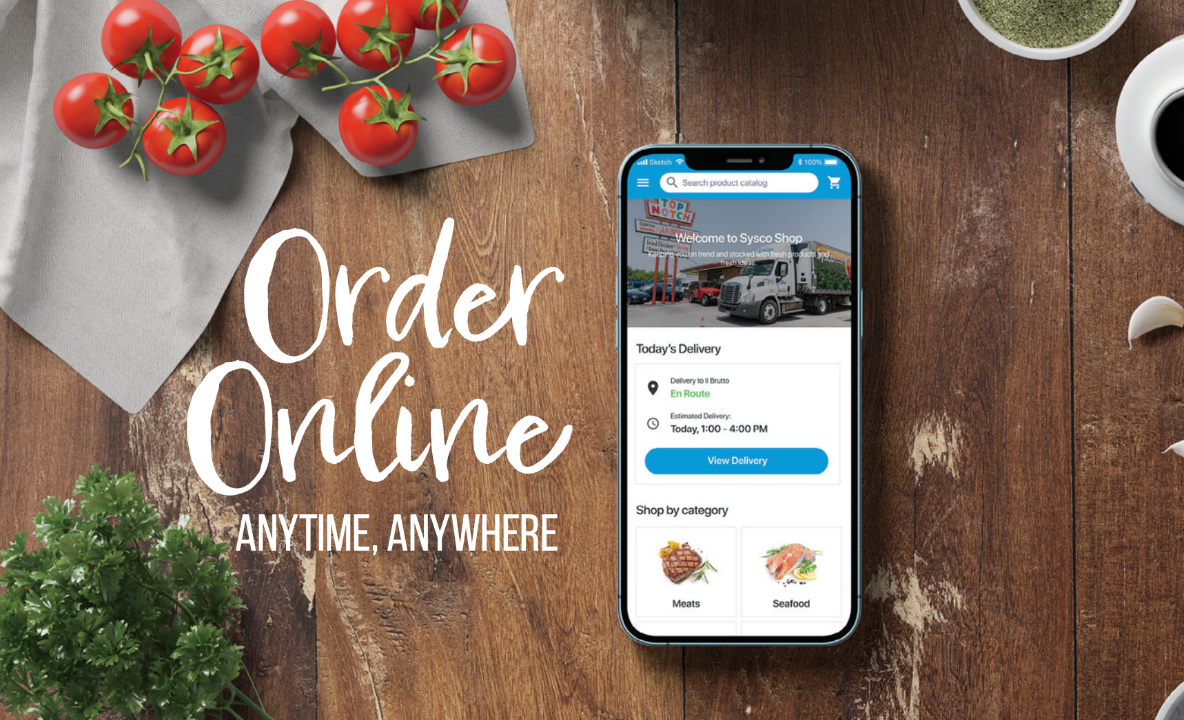 Sysco Shop promotional image showing its mobile catalog and delivery screen