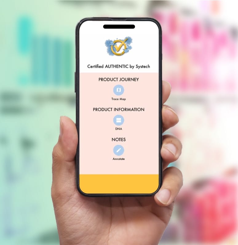 Systech promotional image of a smartphone displaying an authentication result and product journey options