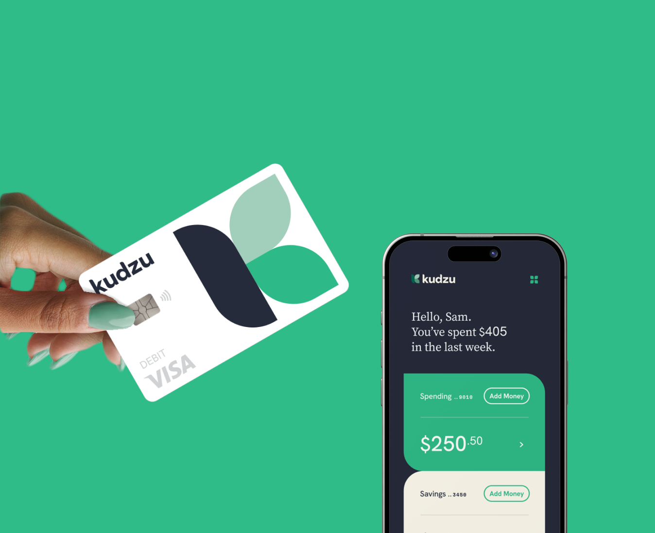 Kudzu promotional image showing its debit card and a smartphone with spending and savings accounts