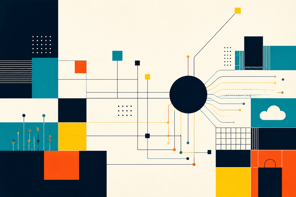 Abstract Swiss-style network of enterprise systems, cloud nodes and data routes