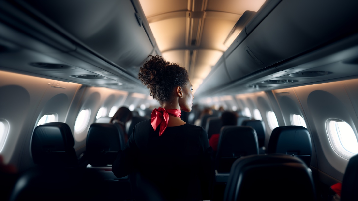 Promotional illustration of a cabin crew member walking through an aircraft