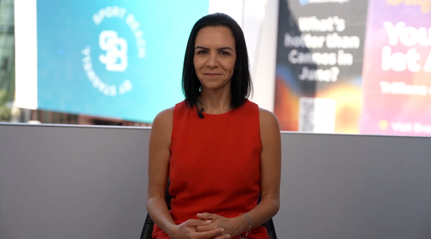 Tabata Gomez speaking in a filmed interview at Cannes Lions in 2025