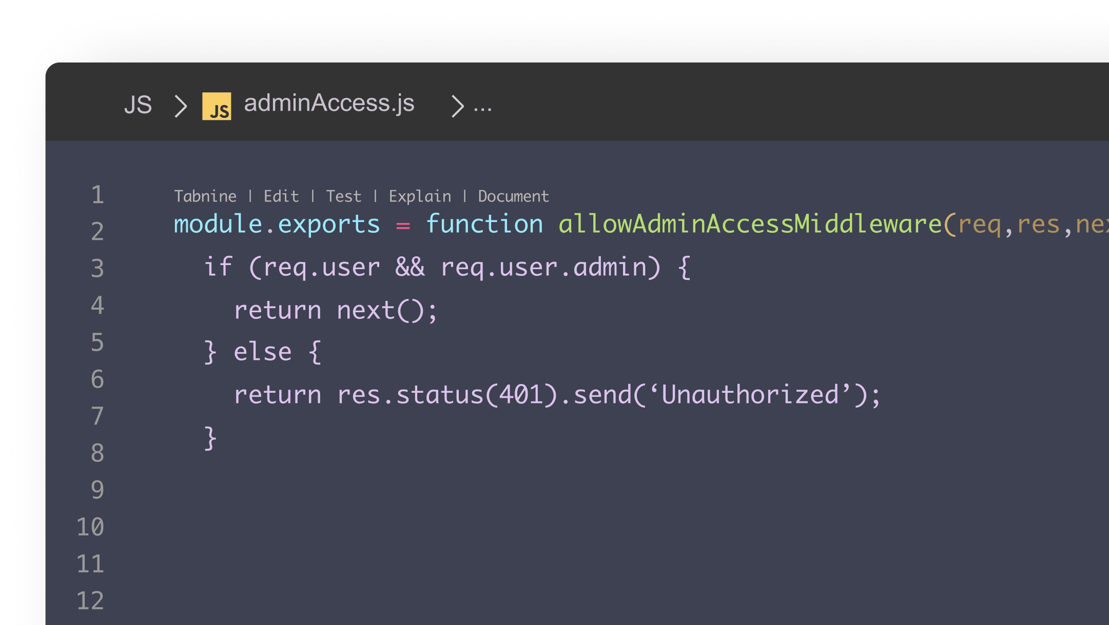 Tabnine controls above JavaScript code in a dark code editor
