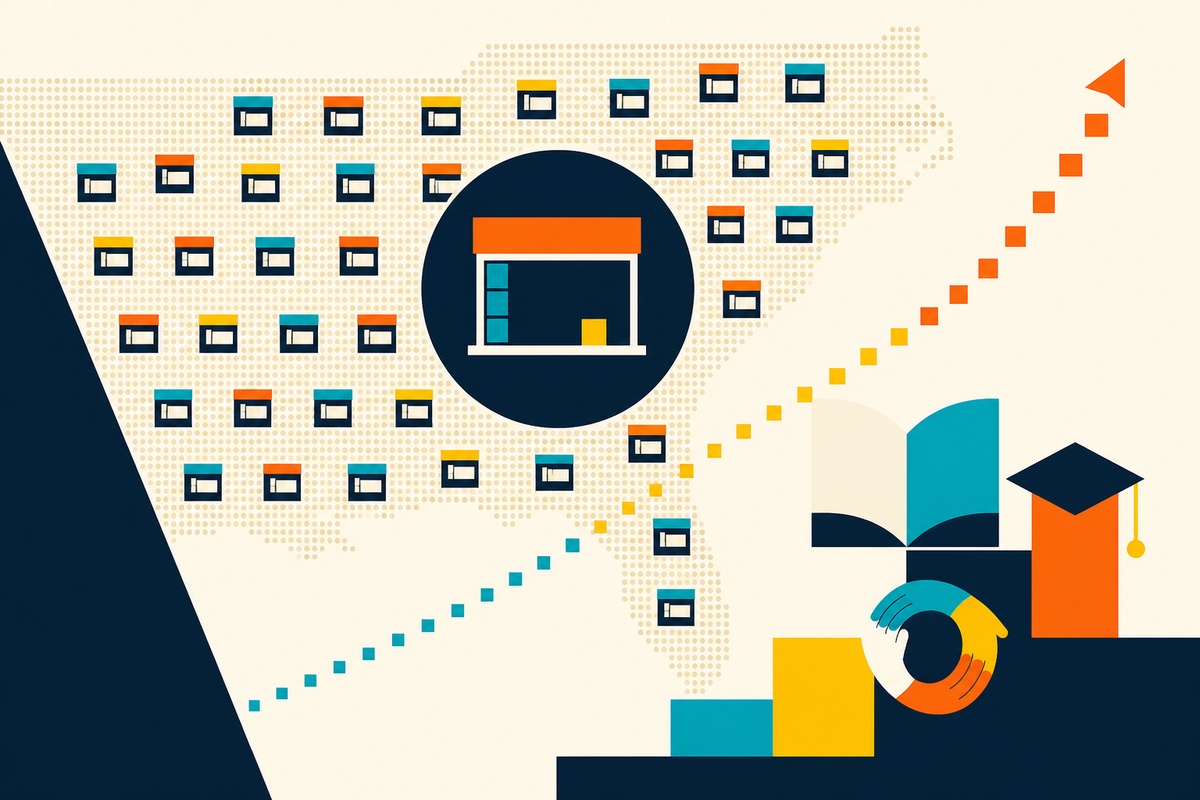 Abstract geometric illustration of a restaurant network, education and community support