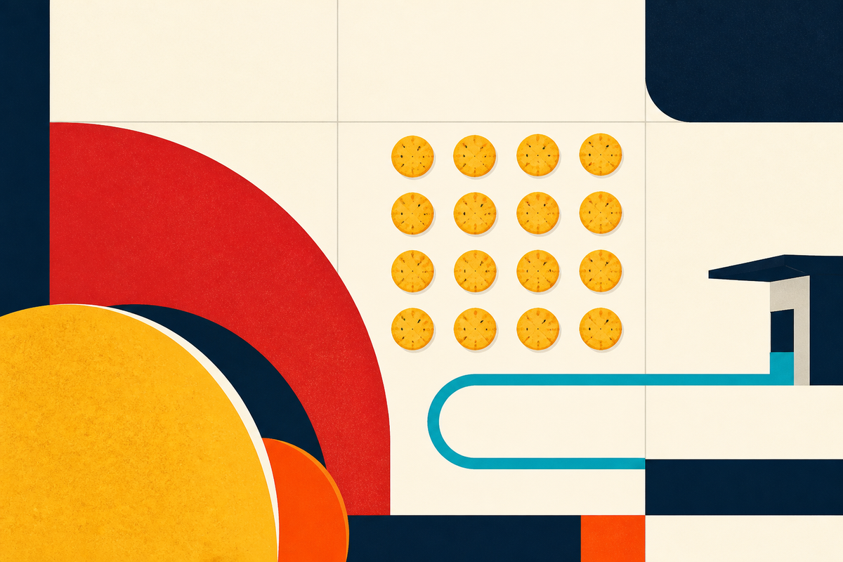 Abstract Swiss-style composition of taco arcs, golden potato rounds and a teal drive-through line