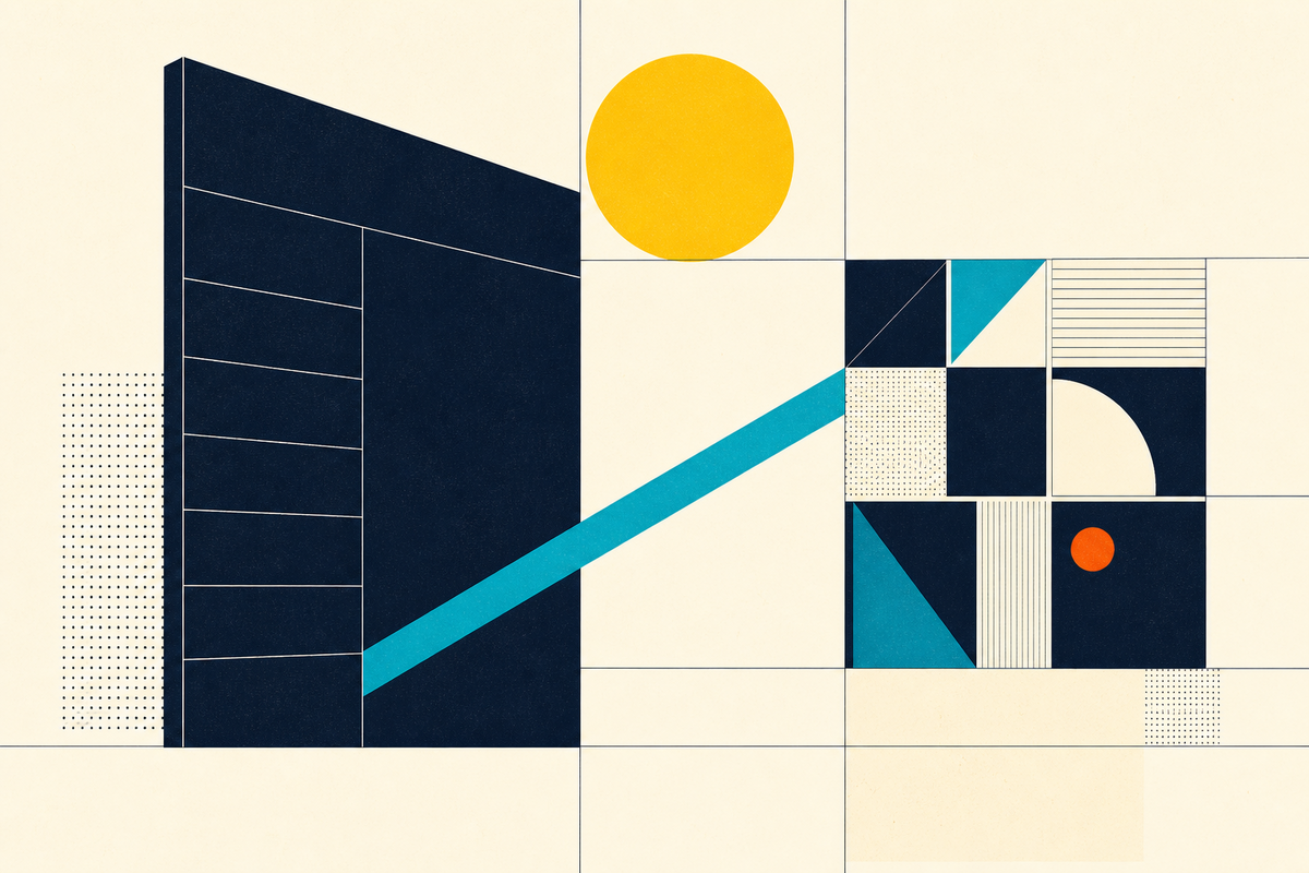 Abstract Swiss-style arrangement of financial blocks connected by a teal band