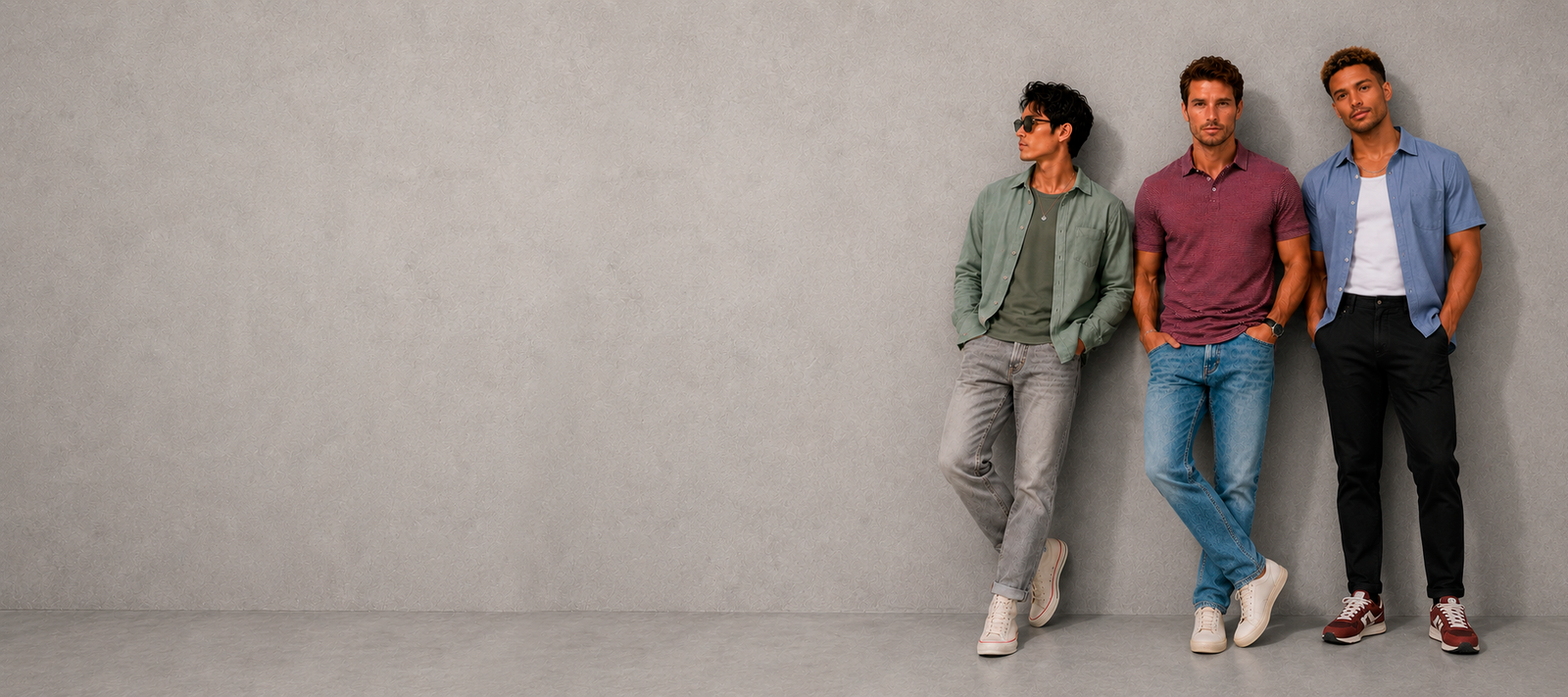 Three men in outfits styled by Taelor, leaning against a concrete wall